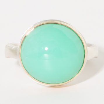 Jamie Joseph:Sterling & 14K Gold Ring w/ Oval Smooth CHRYSOPRASE on Eroded Live Edge Band