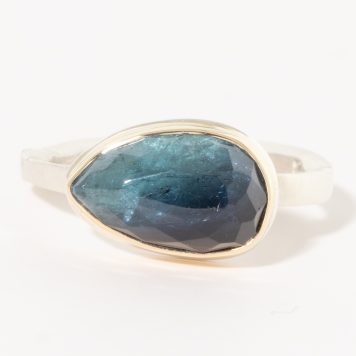 Jamie Joseph:Sterling & 14K Gold Ring w/Asymmetrical Faceted INDICOLITE TOURMALINE on Skinny Live Edge