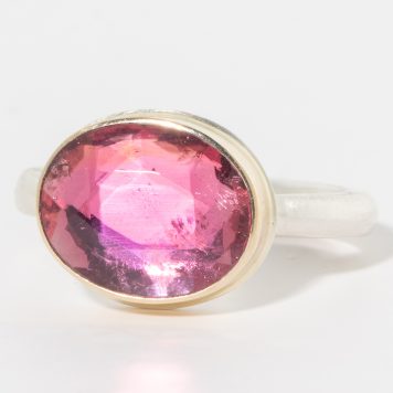 Jamie Joseph:Sterling & 14K Gold Ring w/ Oval, Table Up RUBELLITE TOURMALINE on Middle Organic Band