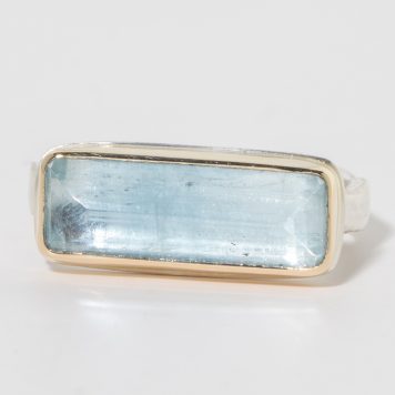 Jamie Joseph:Sterling & 14K Gold Ring w/ Skinny Rectangular AQUAMARINE on Eroded Live Edge Band