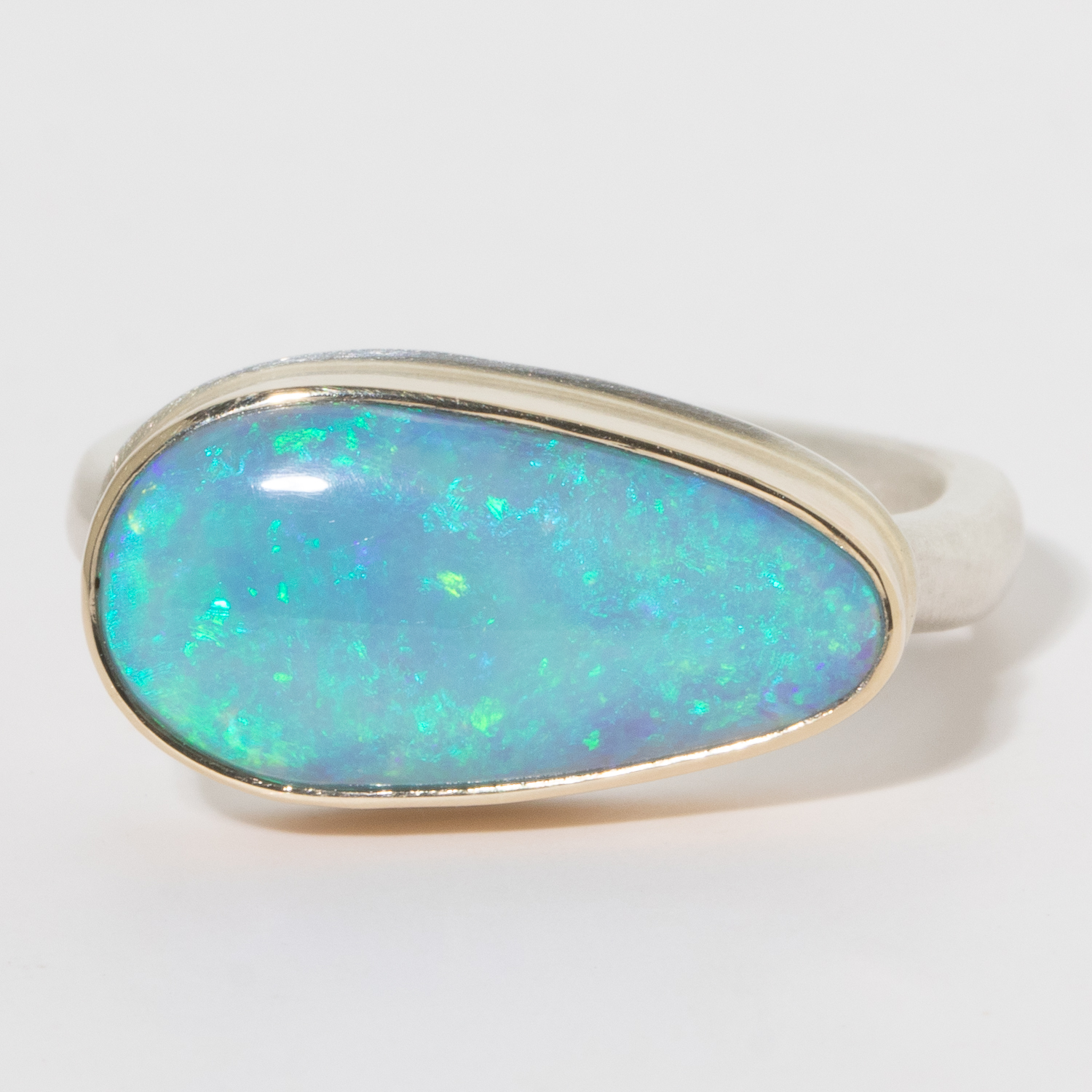 Jamie Joseph:Sterling & 14K Gold Ring w/Asymmetrical AUSTRALIAN OPAL on Middle Organic Band