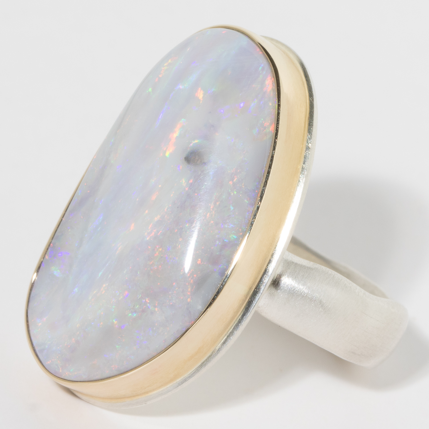 Jamie Joseph:Sterling & 14K Gold Ring w/ Vertical Asymmetrical, FOSSILIZED AUSTRALIAN OPAL CLAM SHELL on Groovy Band