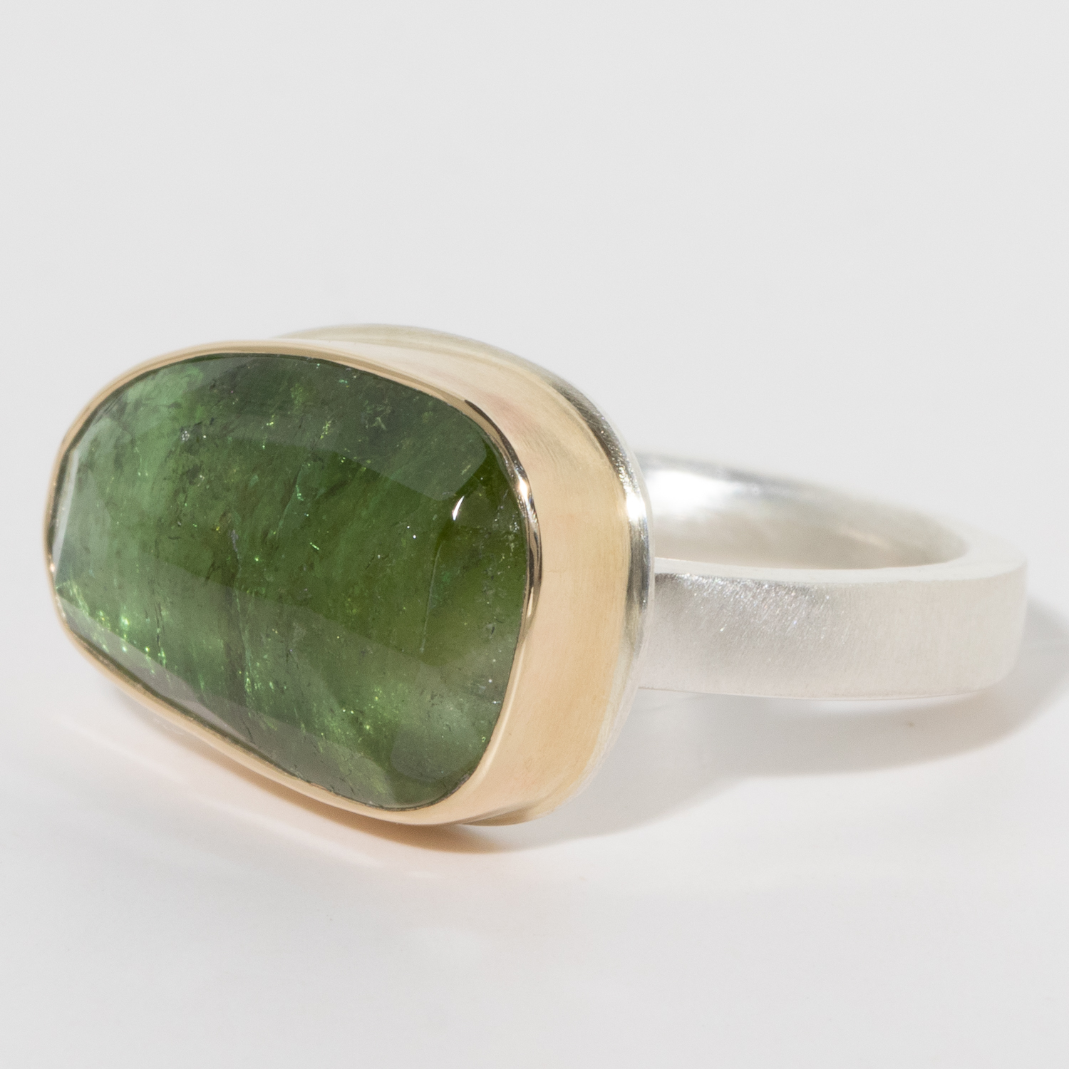 Jamie Joseph:Sterling & 14K Gold Ring w/Asymmetrical Random Faceted GREEN TOURMALINE on Comfort X Band