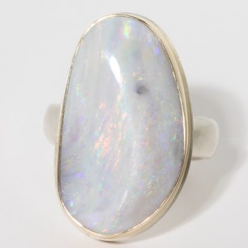 Jamie Joseph:Sterling & 14K Gold Ring w/ Vertical Asymmetrical, FOSSILIZED AUSTRALIAN OPAL CLAM SHELL on Groovy Band
