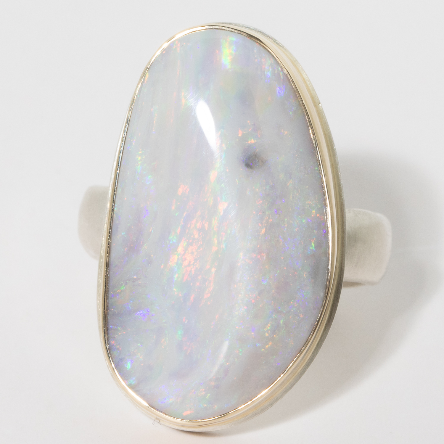 Jamie Joseph:Sterling & 14K Gold Ring w/ Vertical Asymmetrical, FOSSILIZED AUSTRALIAN OPAL CLAM SHELL on Groovy Band
