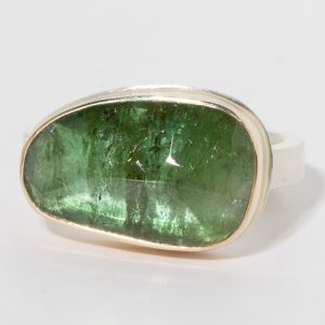 Jamie Joseph:Sterling & 14K Gold Ring w/Asymmetrical Random Faceted GREEN TOURMALINE on Comfort X Band