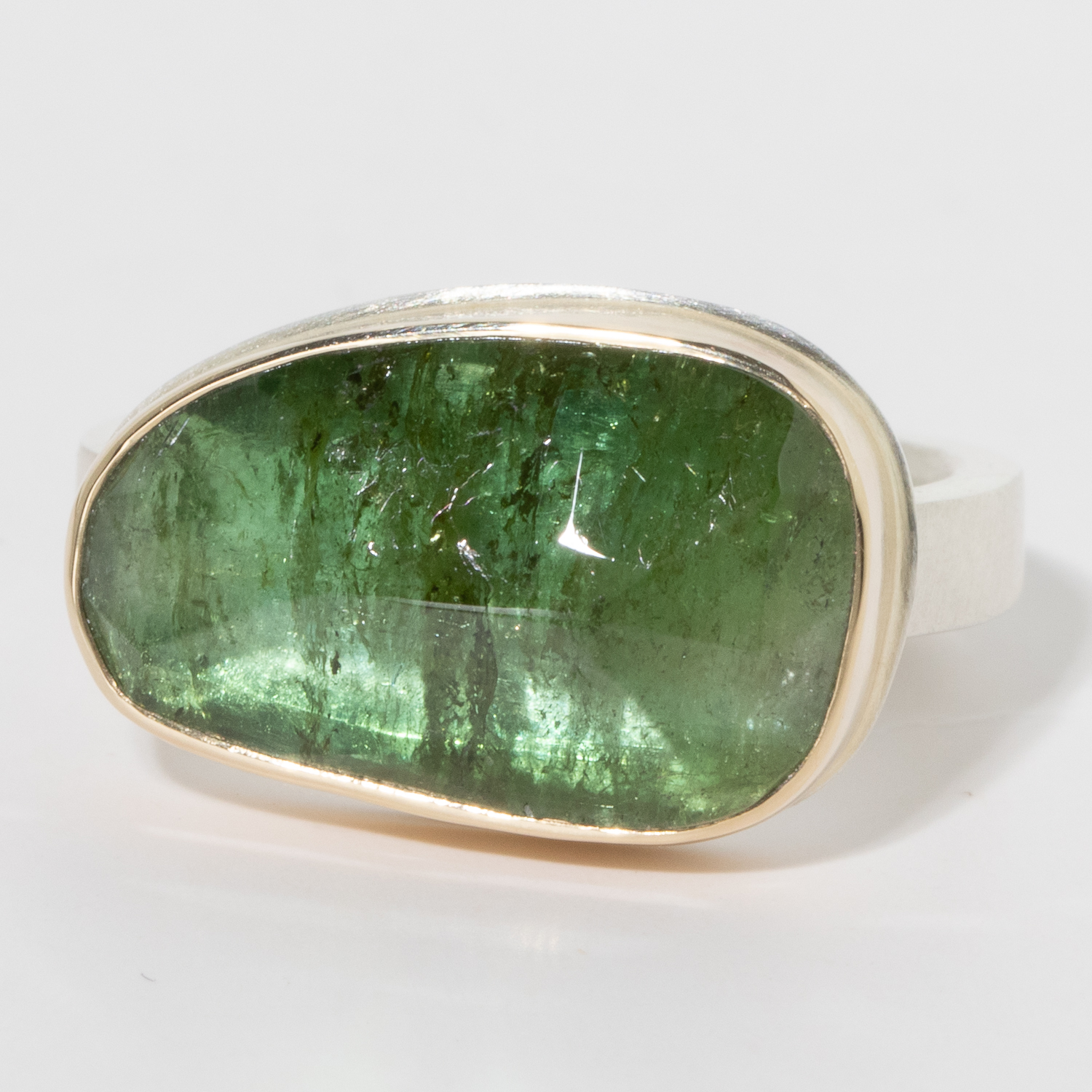 Jamie Joseph:Sterling & 14K Gold Ring w/Asymmetrical Random Faceted GREEN TOURMALINE on Comfort X Band