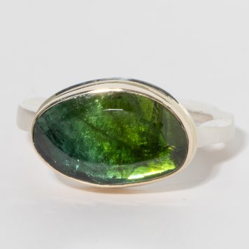 Jamie Joseph:Sterling & 14K Gold Ring w/Asymmetrical Table up GREEN TOURMALINE on Soft Live Edge Band