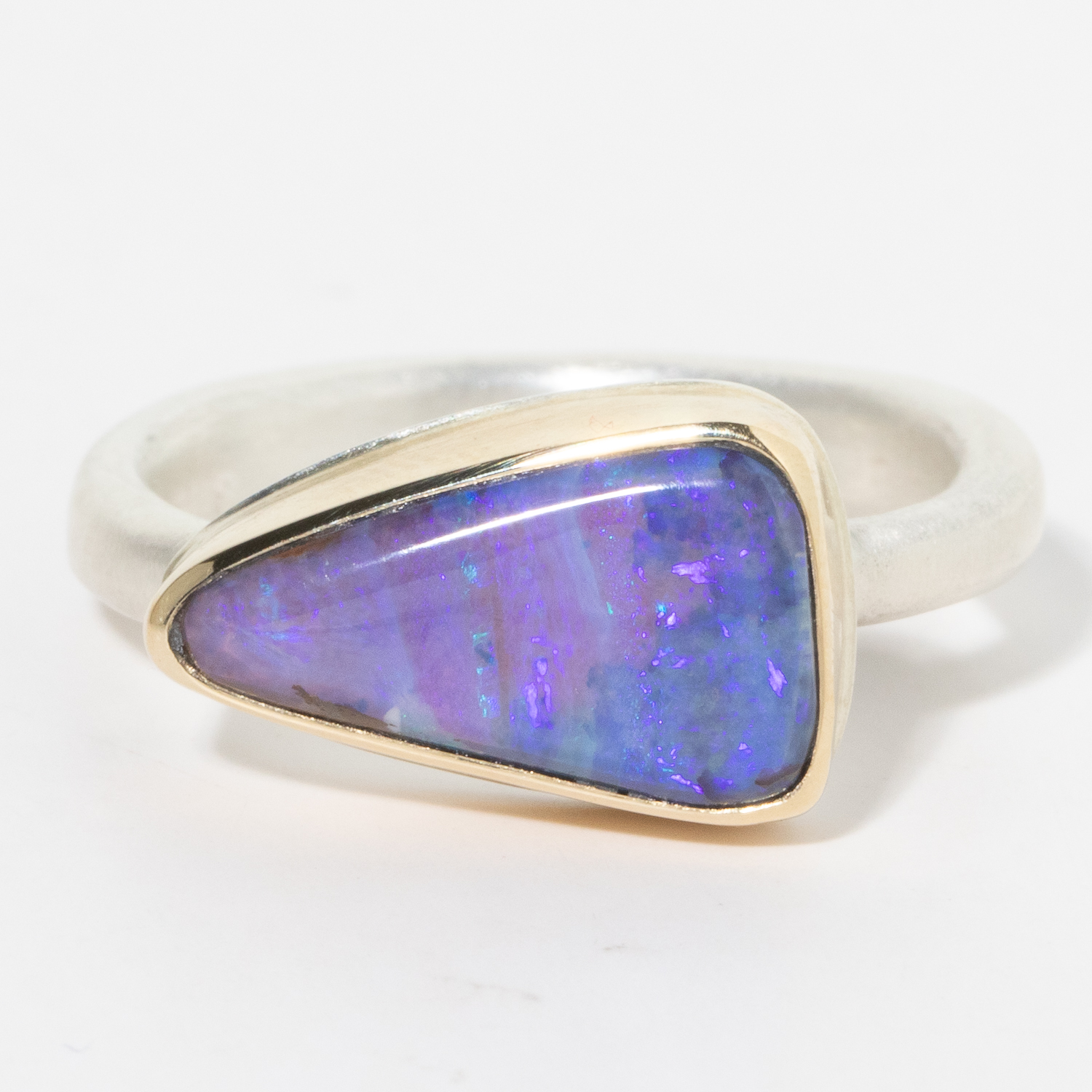 Jamie Joseph:Sterling & 14K Gold Ring w/ Small Asymmetrical BOULDER OPAL on Egyptian Band