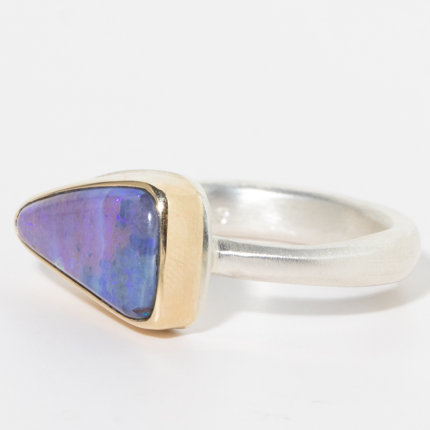 Jamie Joseph:Sterling & 14K Gold Ring w/ Small Asymmetrical BOULDER OPAL on Egyptian Band