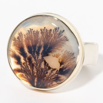 Jamie Joseph:Sterling & 14K Gold Ring w/ Round DENDRITIC AGATE on Wide Eroded Live Edge Ring