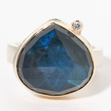 Jamie Joseph:Sterling & 14K Gold Ring w/ Rose Cut LABRADORITE Lotus & .03 ct. Satellite Diamond on Y Band