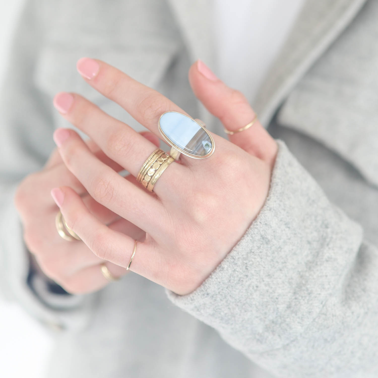 Jamie Joseph:Sterling & 14K Gold Ring w/ Vertical Oval BLUE INDONESIAN FOSSILIZED OPALIZED WOOD on Comfort Band