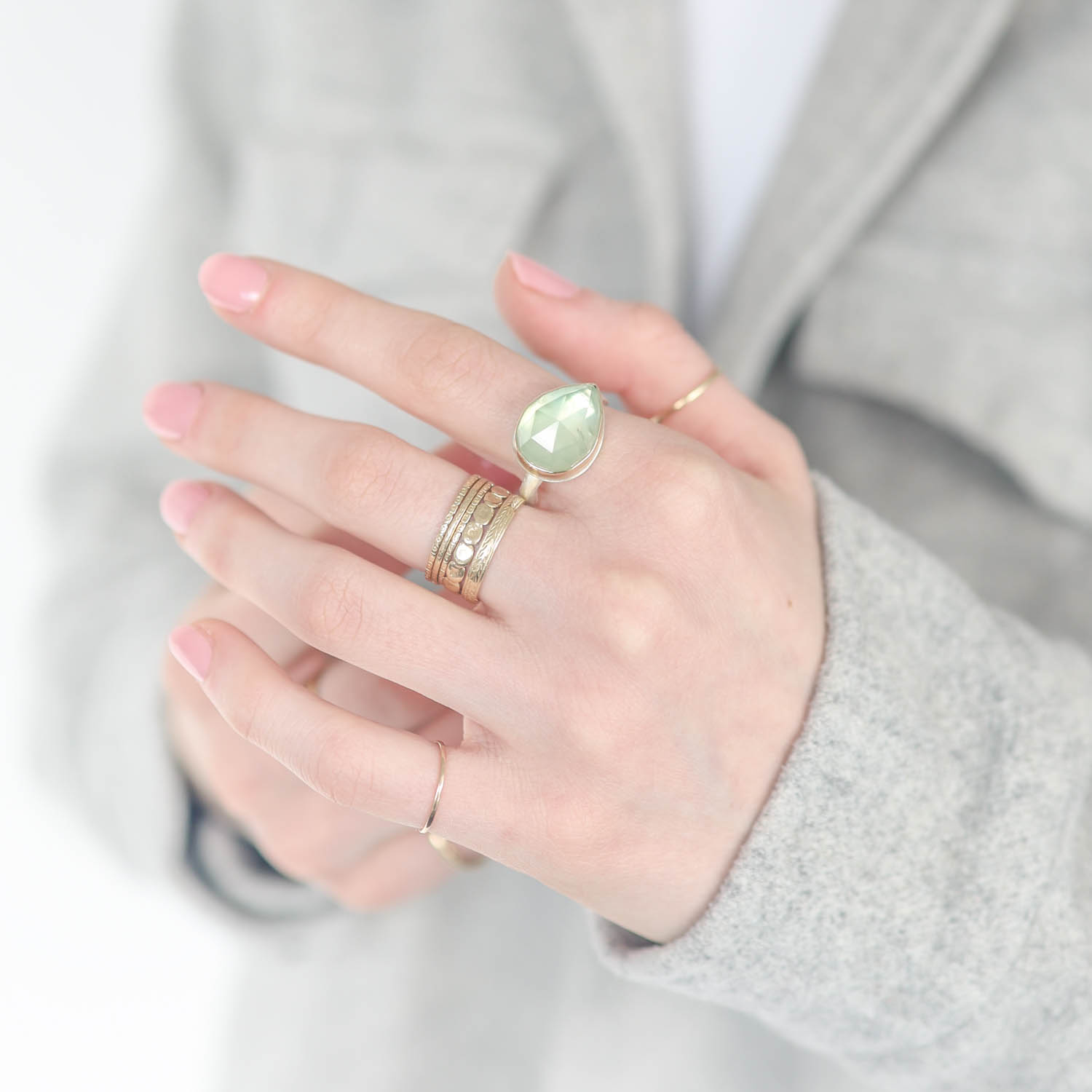 Jamie Joseph:Sterling & 14K Gold Ring w/ Teardrop Rosecut PREHNITE on Eroded Live Edge Band