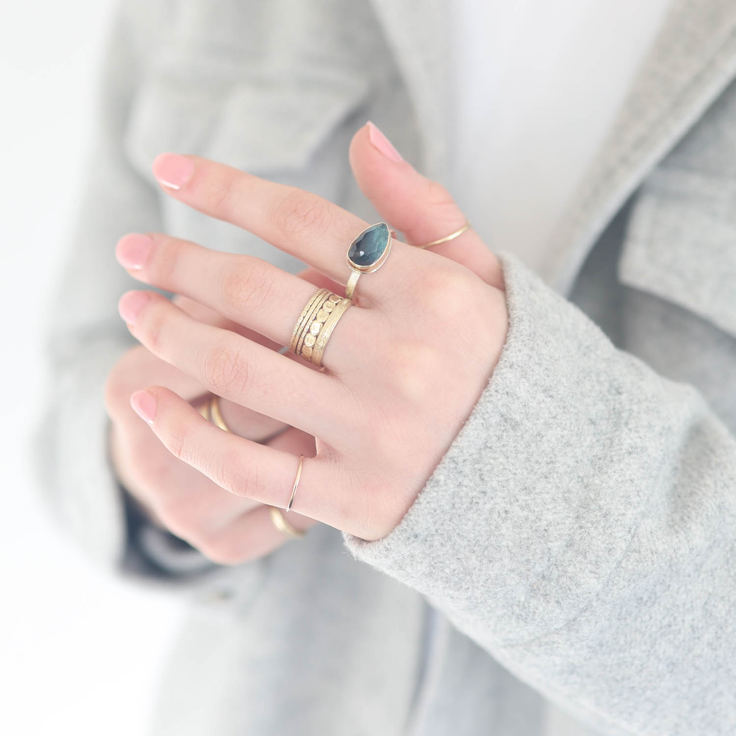 Jamie Joseph:Sterling & 14K Gold Ring w/Asymmetrical Faceted INDICOLITE TOURMALINE on Skinny Live Edge