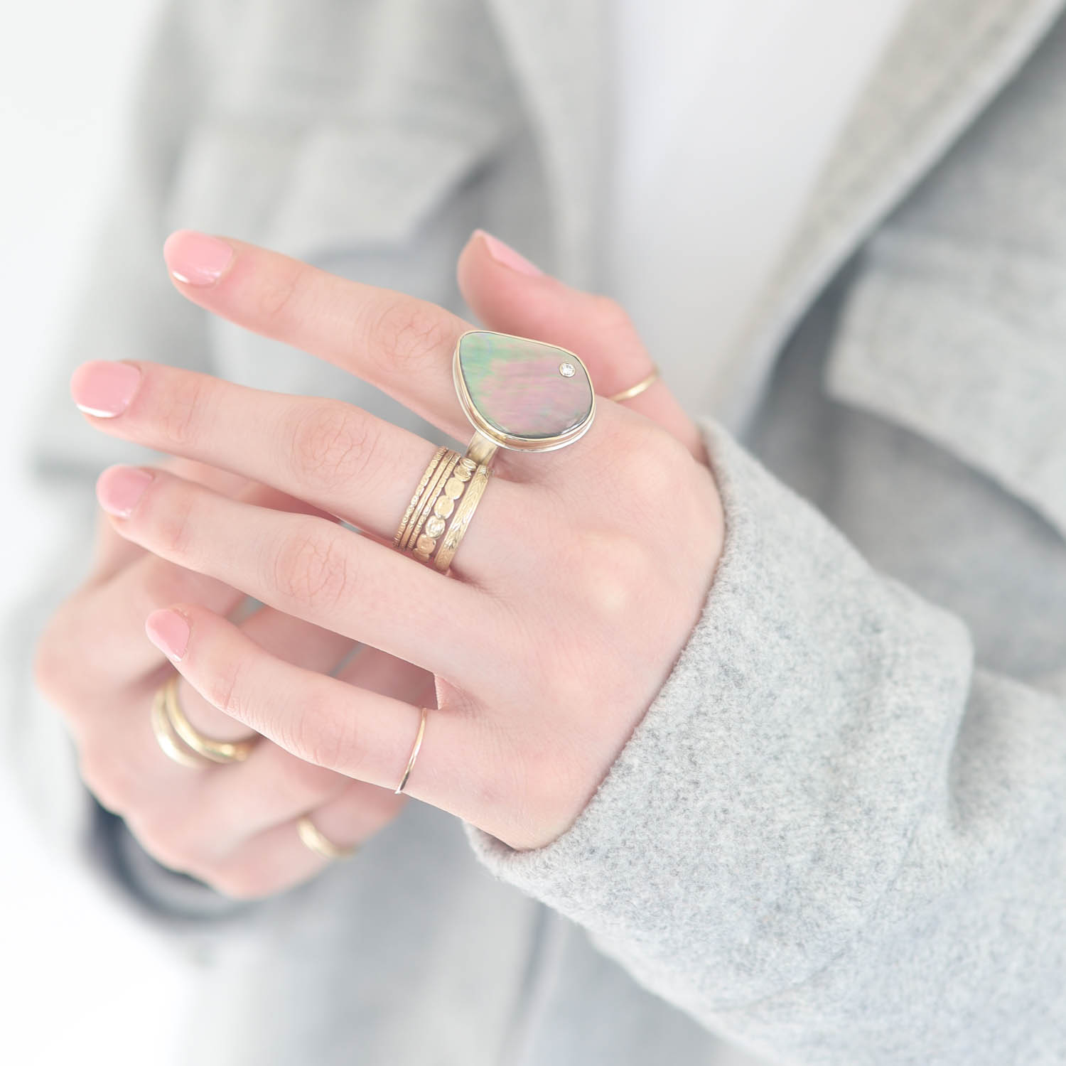 Jamie Joseph:Sterling & 14K Gold Ring w/Asymmetrical Vertical BLACK MOTHEROF-PEARL and .03 Pt Diamond on Y Band