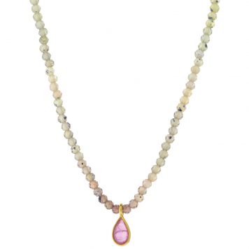 Margaret Solow: Beaded Necklace, 18k, Sapphire w/ Ruby Teardrop