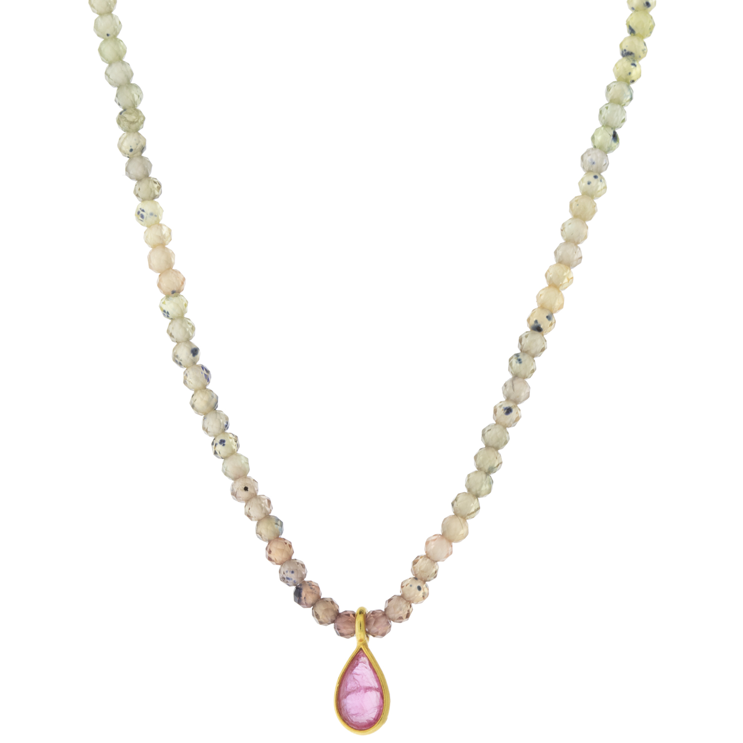 Margaret Solow: Beaded Necklace, 18k, Sapphire w/ Ruby Teardrop