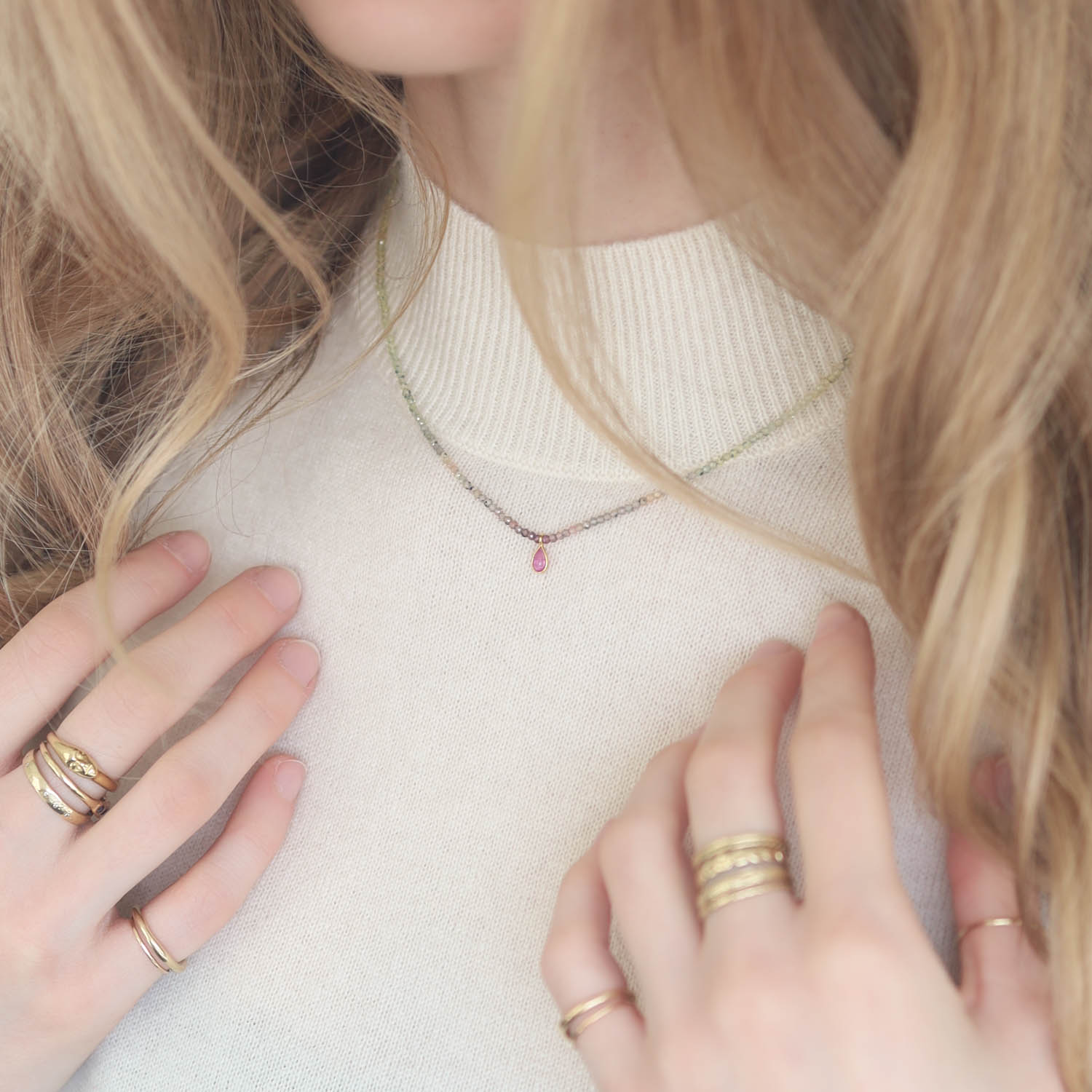 Margaret Solow: Beaded Necklace, 18k, Sapphire w/ Ruby Teardrop