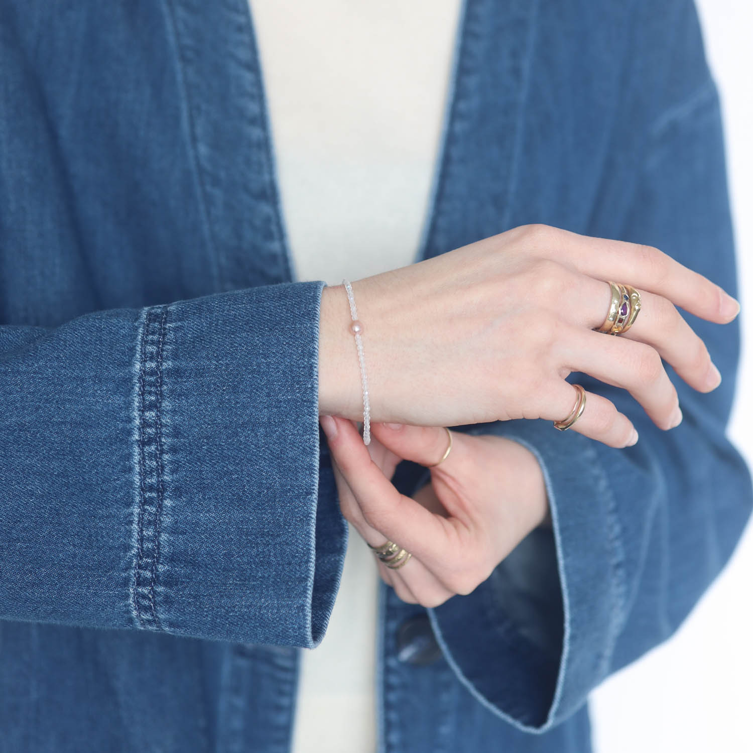 Margaret Solow: Beaded Bracelet, Rainbow Moonstone w/ Keishi Pearl