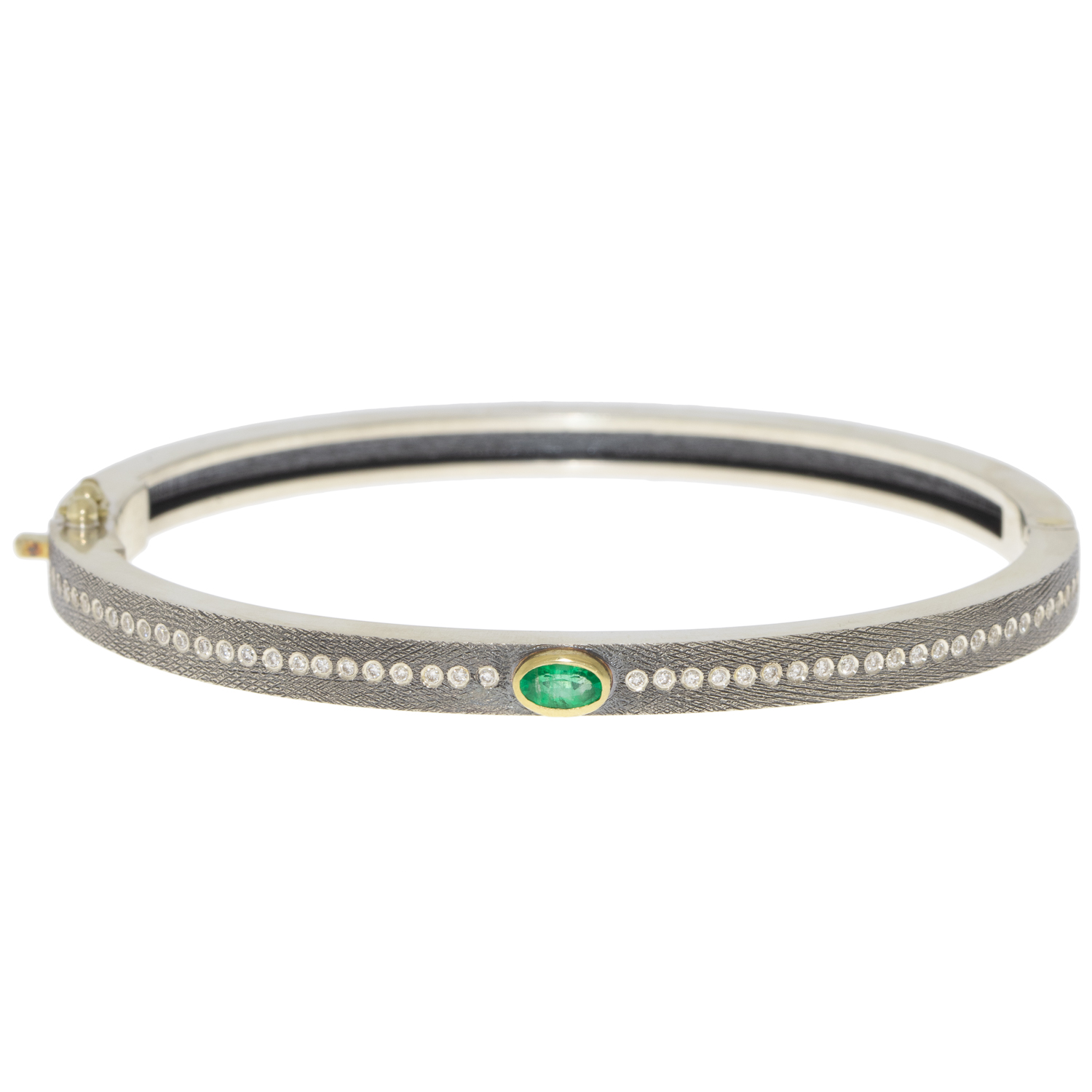 Rene Escobar:JUNIA PLUS 4MM SS hinged bangle featuring an 18k YG push button style clasp and a solid 18k YG top sheet and bezel set with OV cut with 0.48CT of EME