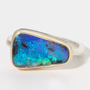 Jamie Joseph:Sterling & 14K Gold Ring w/Asymmetrical Boulder Opal Ring on Dent Band