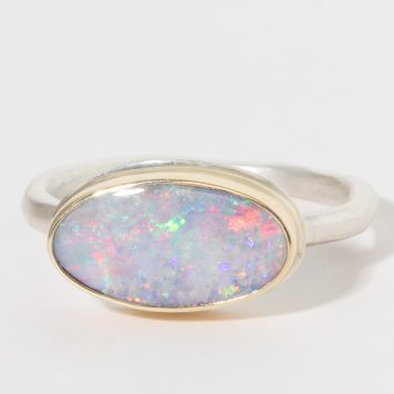 Jamie Joseph:Sterling & 14K Gold Ring w/ Small Oval AUSTRALIAN OPAL on Dent Band