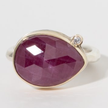 Jamie Joseph:Sterling & 14K Gold Ring w/ Rose Cut Pear Indian Ruby & .025 Satellite Diamond on Egyptian Band