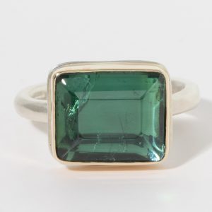 Jamie Joseph:Sterling & 14k Gold Ring w/ Table Up, Rectangular GREEN TOURMALINE on Egyptian Band