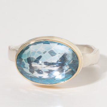 Jamie Joseph:Sterling & 14K Gold Ring w/ Inverted Oval SKY BLUE TOPAZ on Eroded Live Edge Band