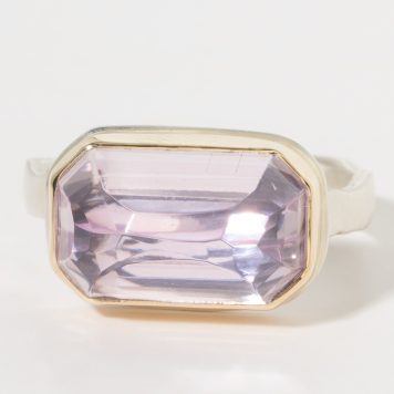 Jamie Joseph:Sterling & 14K Gold Ring w/ Rectangular Inverted KUNZITE on Eroded Live Edge Band