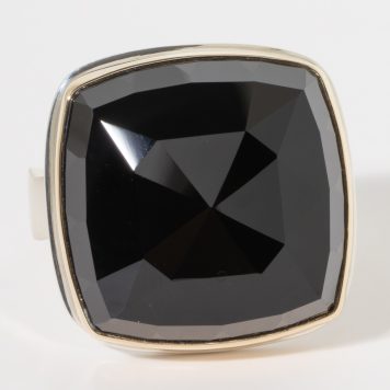 Jamie Joseph:Sterling & 14K Gold Ring w/ Square Rose Cut BLACK ONYX on Live Edge Band