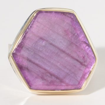 Jamie Joseph:Sterling & 14K Gold Ring w/ Hexagon STAR RUBY on Live Edge Band