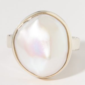 Jamie Joseph:Sterling & 14K Gold Ring w/Vertical Asymmetrical WHITE CULTURED PEARL on Middle Bark Band