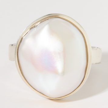 Jamie Joseph:Sterling & 14K Gold Ring w/Vertical Asymmetrical WHITE CULTURED PEARL on Middle Bark Band