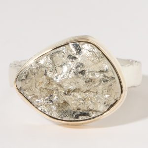 Jamie Joseph:Sterling & 14K Gold Ring w/Asymmetrical Surface Pyrite on Middle Bark Band