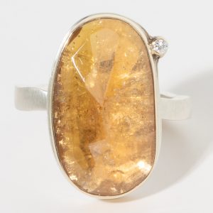 Jamie Joseph:Sterling & 14K Gold Ring w/ Vertical Faceted YELLOW TOURMALINE and .025 satellite Diamond on Medium Live Edge Band