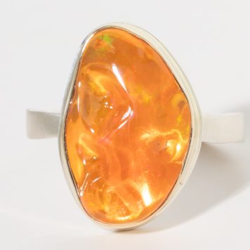 Jamie Joseph:Sterling & 14K Gold Ring w/ Vertical Asymmetrical ORANGE MEXICAN FIRE OPAL on Middle Live Edge Band
