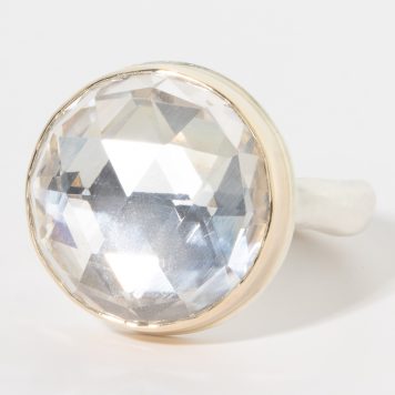 Jamie Joseph:Sterling & 14K Gold Ring Small Round Rose Cut ROCK CRYSTAL QUARTZ on Middle Groovy Band