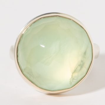 Jamie Joseph:Sterling & 14K Gold Ring w/ Round Hand Faceted PREHNITE on Middle Groovy Band