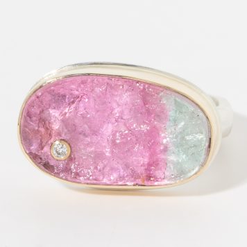 Jamie Joseph:Sterling & 14K Gold Ring w/Asymmetrical Surface BI-COLORED TOURMALINE and .025 Diamond on Middle Groovy Band