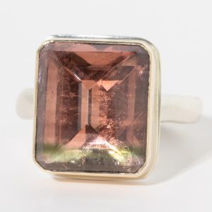 Jamie Joseph:Sterling & 14K Gold Ring w/ Inverted Rectangular BI COLOR TOURMALINE ON Middle Groovy Band