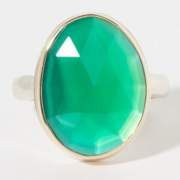 Jamie Joseph:Sterling & 14K Gold Ring w/Asymmetrical Rose Cut GREEN ONYX on Middle Groovy Band