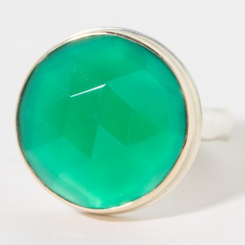Jamie Joseph:Sterling & 14K Gold Ring w/ 18mm Round Rose Cut Green Onyx on Middle Groovy Band