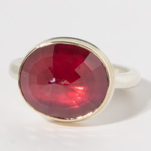 Jamie Joseph:Sterling & 14K Gold Ring w/ Small Oval Inverted AFRICAN RUBY (Heat Treated) on Middle Organic Band