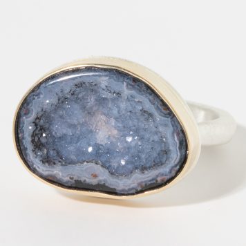 Jamie Joseph:Sterling & 14K Gold Ring w/Asymmetrical BRAZILIAN GEODE On Middle Organic Band
