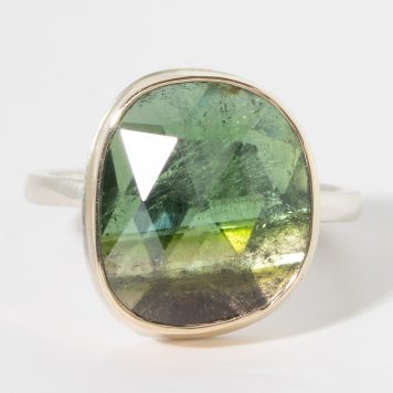 Jamie Joseph:Sterling & 14K Gold Ring w/Asymmetrical Faceted GREEN TOURMALINE on Skinny Smooth Band