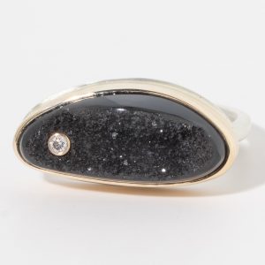 Jamie Joseph:Sterling & 14K Gold Ring w/Asymmetrical BRAZILIAN BLACK DRUSY and .025 Diamond on Sand Band