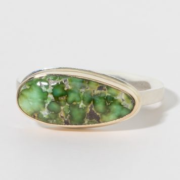Jamie Joseph:Sterling & 14K Gold Ring w/ Smooth Asymmetrical SONORAN GOLD TURQUOISE on Skinny Live Edge Band
