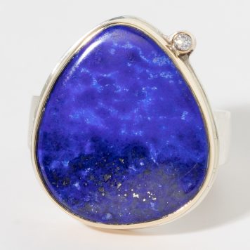 Jamie Joseph:Sterling & 14K Gold Ring w/ Smooth Vertical, Asymmetrical LAPIS and .03 Pt Satellite Diamond on Tapered Y Band